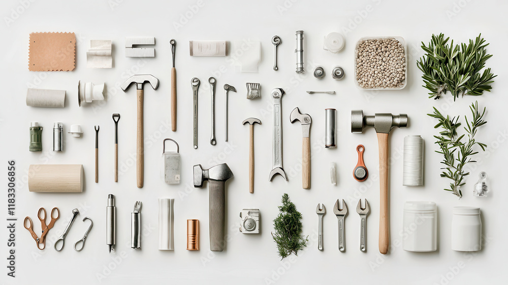 Poster collection of various tools and materials arranged neatly, showcasing their diverse shapes and funct