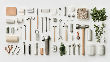 collection of various tools and materials arranged neatly, showcasing their diverse shapes and functions