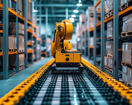 Automated robotic conveyors in a modern warehouse, smart storage systems, cuttingedge logistics, efficient automated processes, futuristic warehouse technology