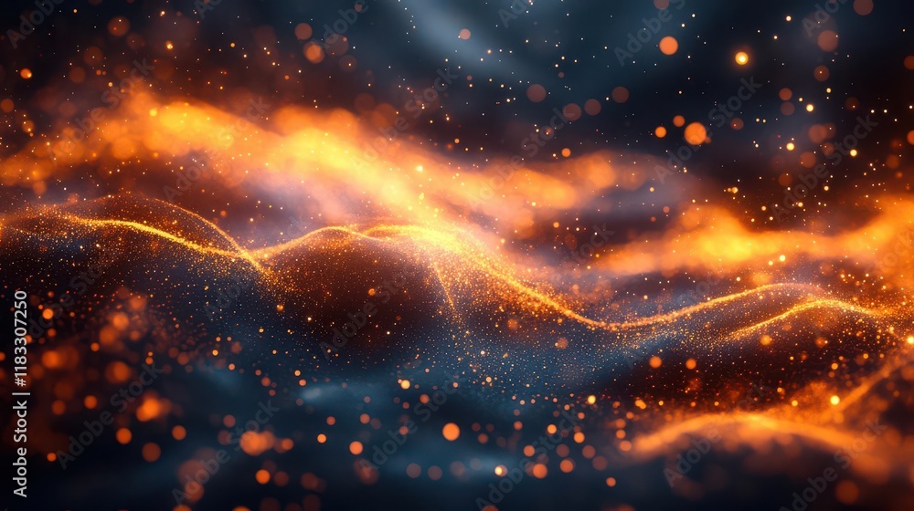 Poster a vibrant, dynamic abstract image featuring waves of orange light set against a dark background, cre