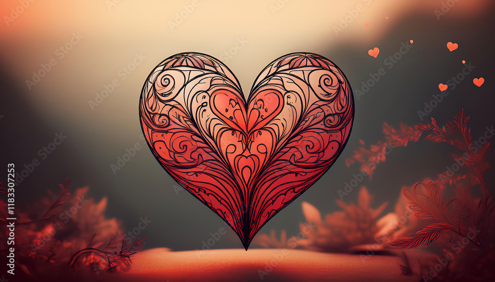 Aufkleber a beautifully designed heart with intricate patterns and a gradient of red hues, set against a soft,