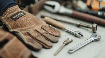 detailed image of mechanics gloves, tools, and equipment on workbench. scene conveys sense of craftsmanship and readiness