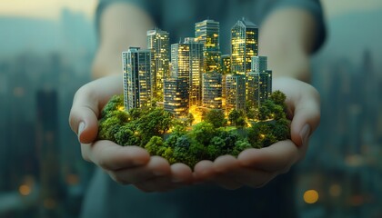 Futuristic city held in hands, showcasing sustainable urban design, green spaces, ecoconscious buildings, smart technologies, energyefficient solutions