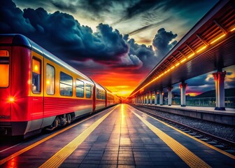 Fototapeta premium Night Train Arrival: Dramatic Red and Yellow Lights on Railway Tracks