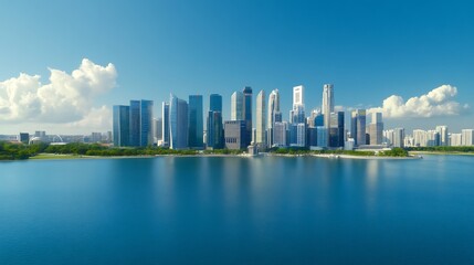 Fototapeta premium Stunning Wide Shot Photo: Vibrant City Skyline Gleaming Under a Sunny Day. AI Generated