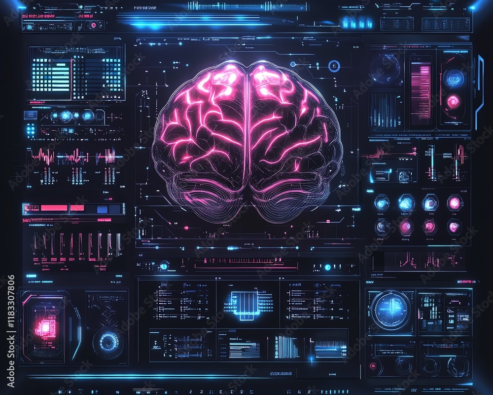 Poster futuristic robotic interface, artificial intelligence brain on display, neon glowing brain patterns,