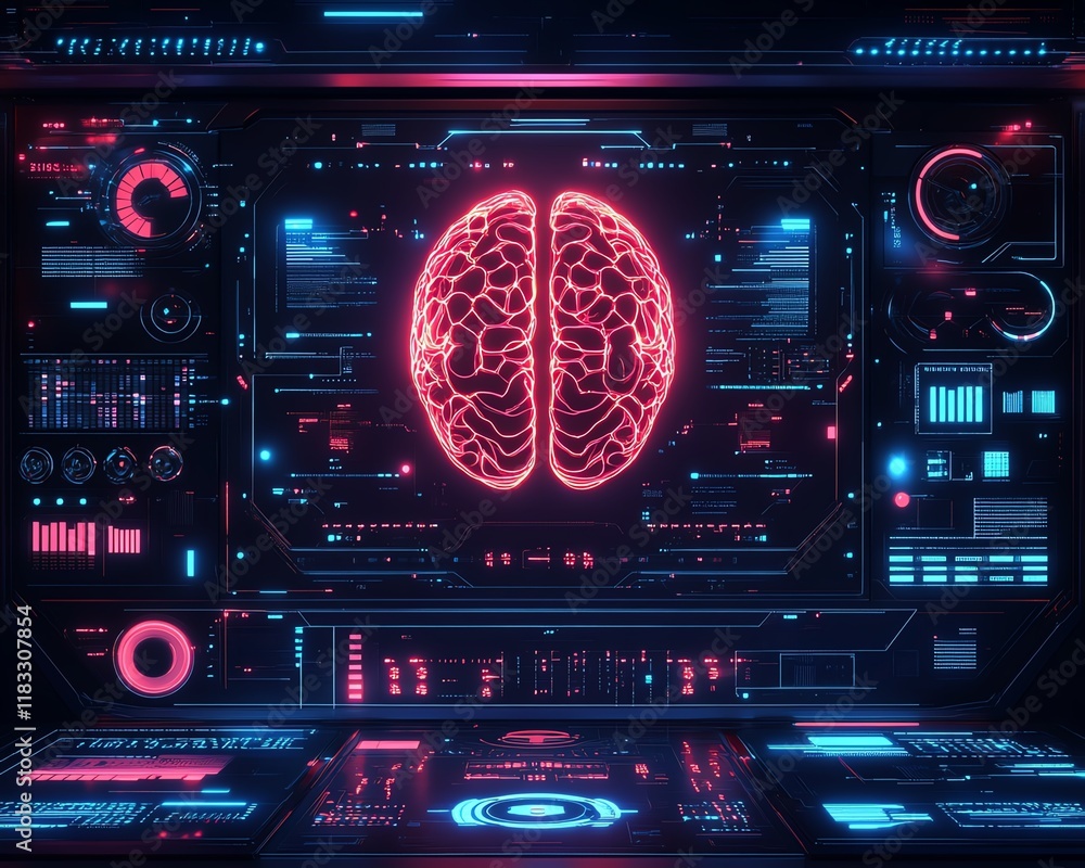 Aufkleber futuristic robotic interface, artificial intelligence brain on display, neon glowing brain patterns,
