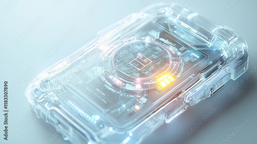 Poster futuristic handheld diagnostic device with glowing elements and intricate circuitry, showcasing adva