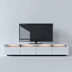 Fototapeta premium A sleek modern TV stand with glossy white cabinets and open shelving isolated on a transparent background, high-resolution 3D render, minimalistic design, people 