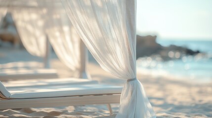 Beachfront canopy shades lounge chairs, sunset
