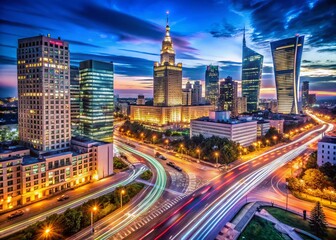 Fototapeta premium Night View of Warsaw City Skyline, Hilton Hotel & Grzybowska Street, Poland