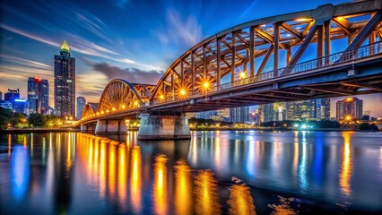 Naklejka premium Night View Steel Bridge Chao Phraya River Bangkok Thailand Stunning Cityscape