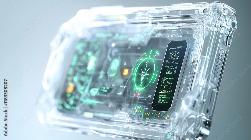Poster futuristic handheld diagnostic device with glowing interfaces and transparent casing, showcasing adv