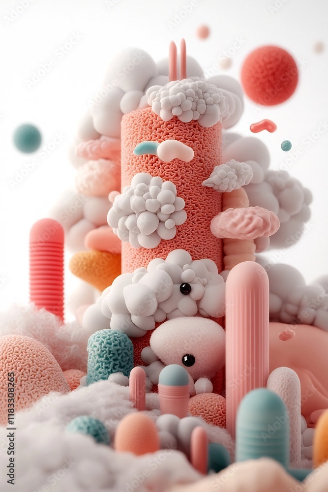 Poster surreal pastel alien world with fantastical pastel formations and intricate 3d textured patterns on 