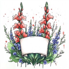 Vibrant Watercolor Illustration: Delicate Floral Arrangement with Blank Banner. AI Generated