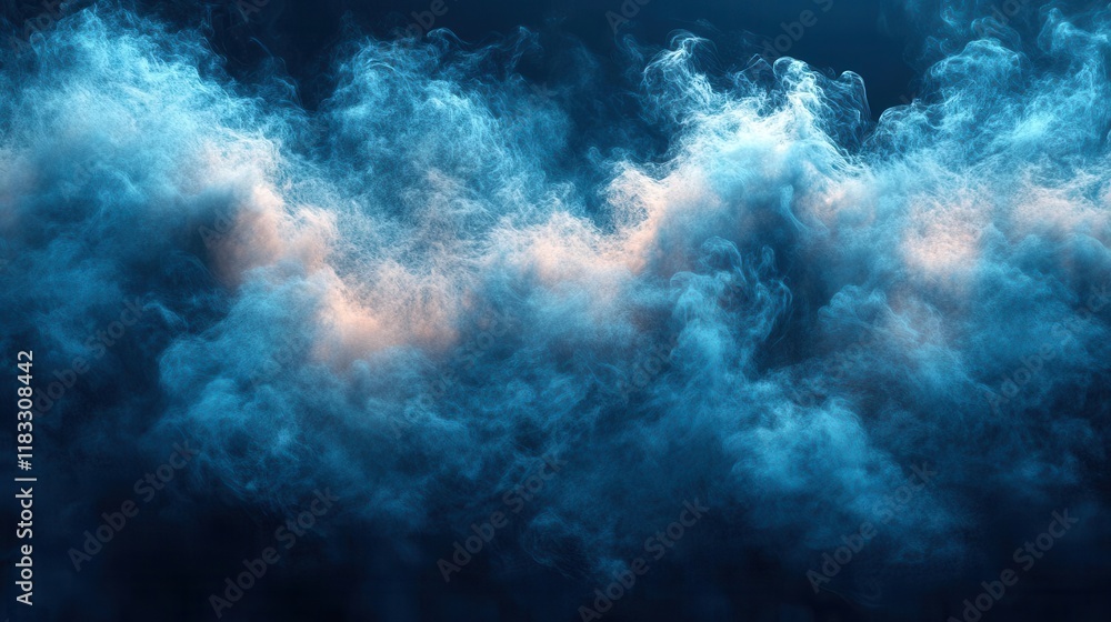 Poster a swirling, ethereal mist of blue and soft orange hues, creating an atmospheric and dynamic visual e