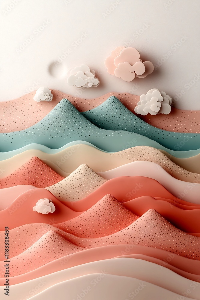 Poster pastel dotted and striped mountain silhouette backdrop in minimalist 3d digital landscape abstract l