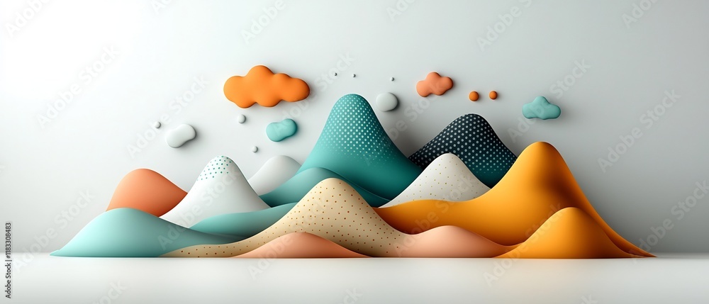 Poster pastel dotted and striped mountain silhouettes in minimalist 3d landscape with gradient sky and clou