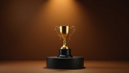 Gold trophy on black pedestal under spotlight with brown background, gold trophy, pedestal, award