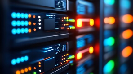 Obraz premium Vibrant Close-Up Photo: Glowing Server Rack in Modern Data Center. AI Generated