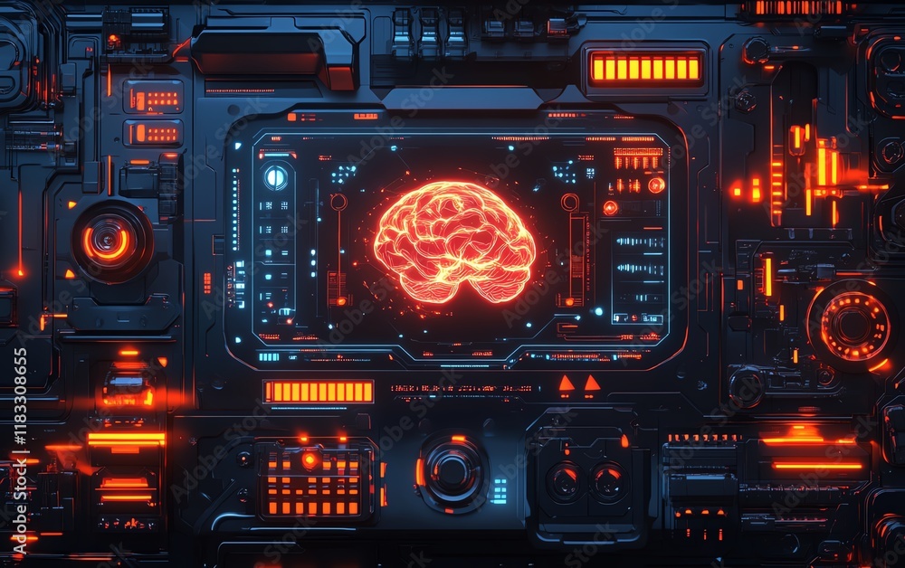 Aufkleber hightech robot interface with glowing ai brain display, futuristic neural network, glowing digital p