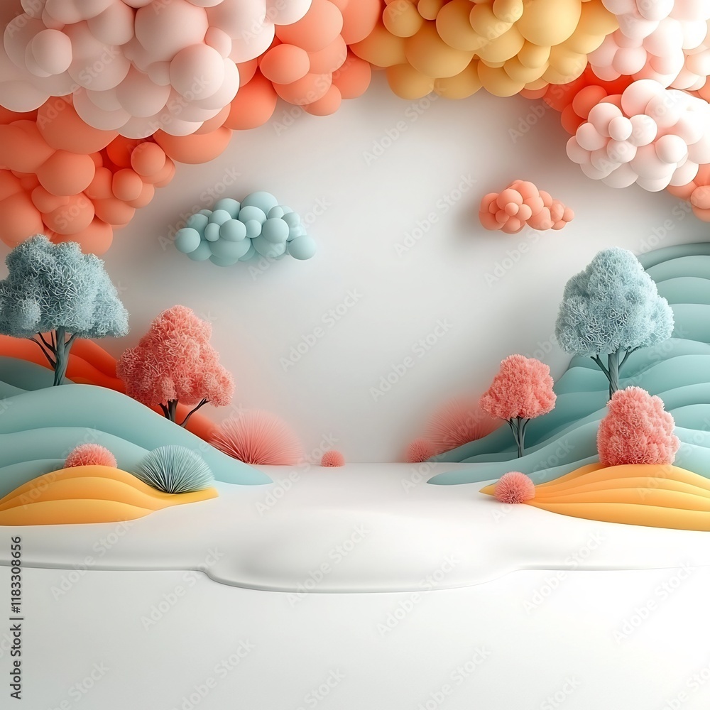 Poster majestic pastel forest with wispy ethereal trees and dynamic colorful patterns in a clean minimalist