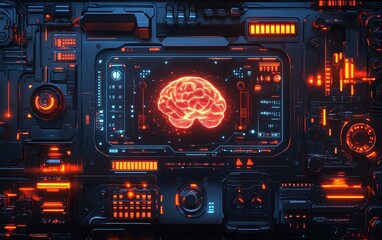 Hightech robot interface with glowing AI brain display, futuristic neural network, glowing digital patterns, advanced technology, sleek and sophisticated design