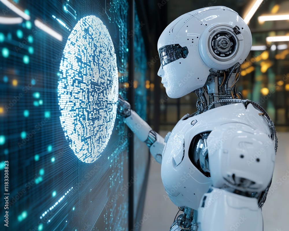 Poster hightech robot interface with a glowing ai brain display, futuristic neural connections, digital bra