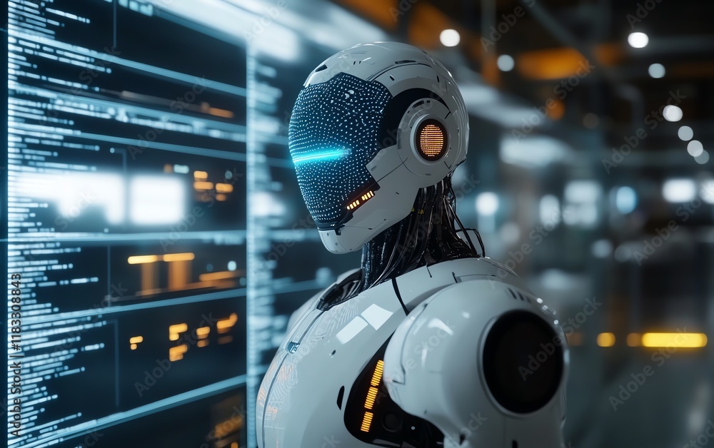 Aufkleber hightech robot interface with glowing ai brain display, futuristic neural network, glowing digital p