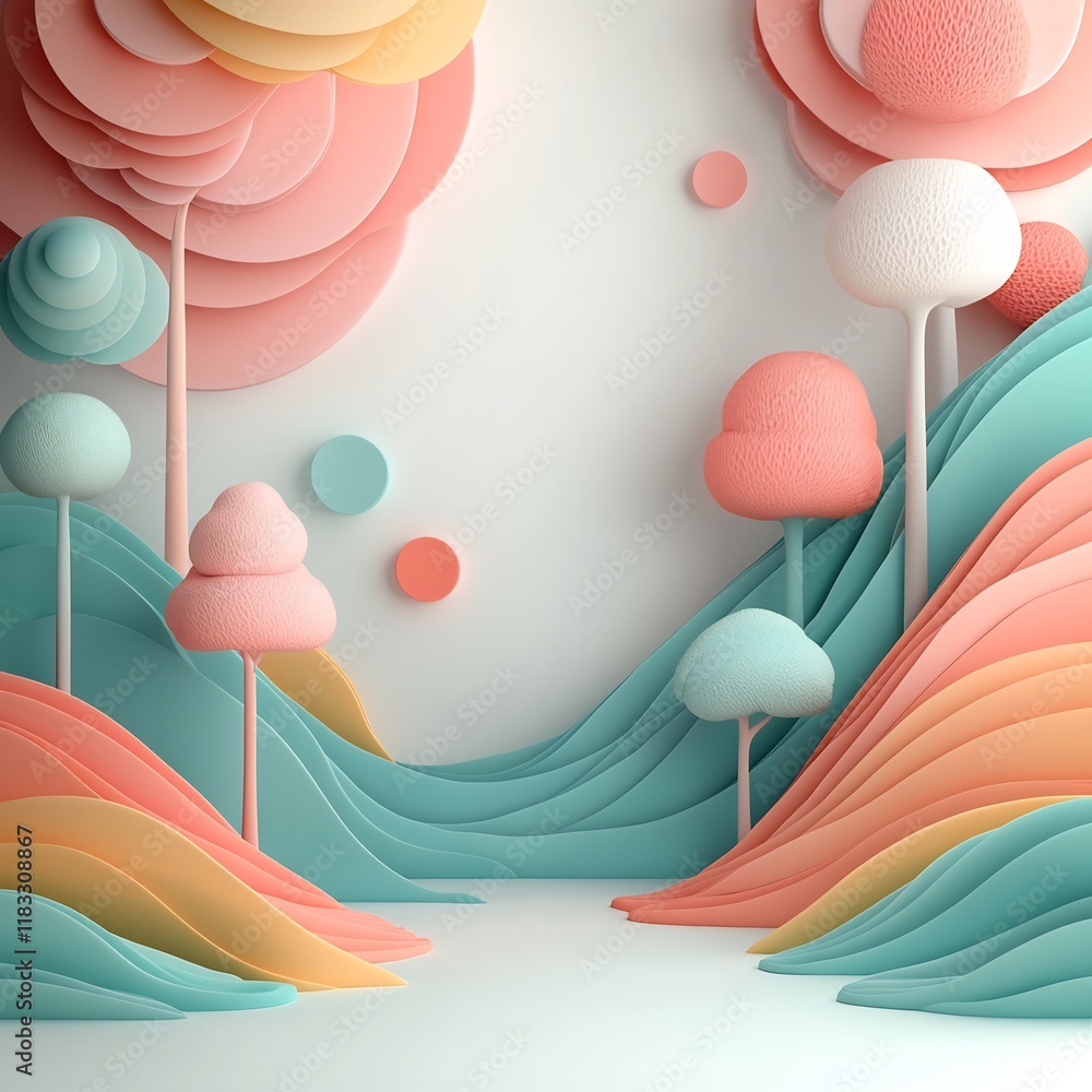Poster majestic pastel forest with wispy pastel trees dynamic pastel patterns and a dreamlike 3d set agains