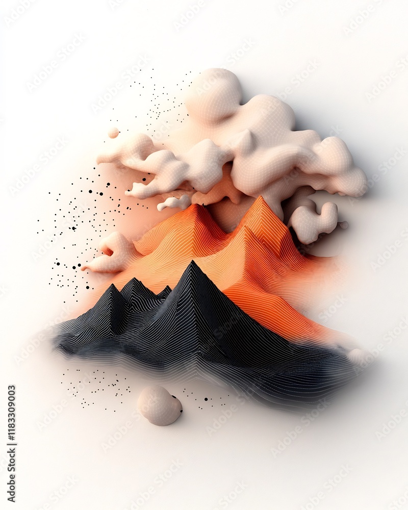 Poster stunning abstract 3d landscape featuring a pastel colored mountain range with a dot and line pattern