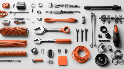 Mechanics tool collection featuring wrenches, cables, and accessories. Organized layout showcases various tools vibrant orange and silver tones