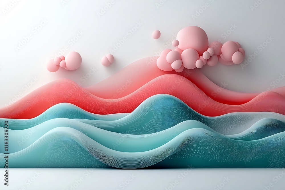 Poster ethereal pastel seascape with rolling waves and intricate dot and line motifs in a 3d set against a 
