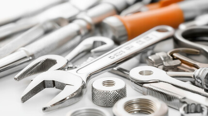 Fototapeta premium collection of various metallic tools including wrenches, screwdrivers, and nuts, showcasing mechanic workspace