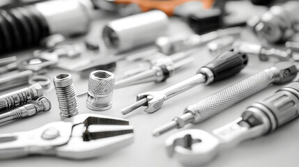 Tools arranged in mechanics workspace, showcasing various hand tools and accessories. image conveys sense of precision and craftsmanship