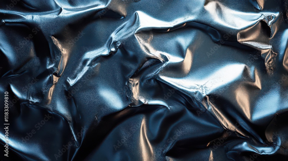 Poster a close-up of crumpled metallic surface, showcasing intricate folds and reflections in a shiny, dark