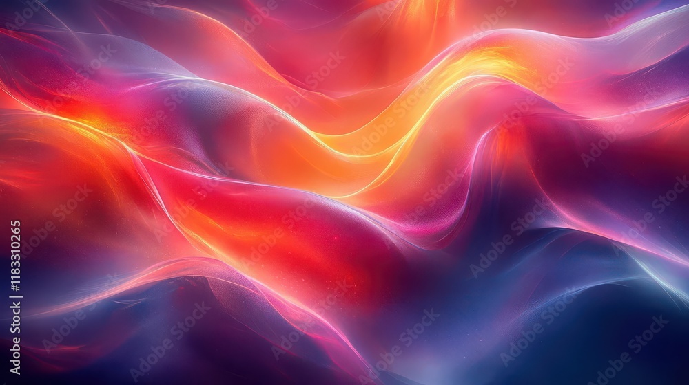 Poster a colorful abstract wave pattern with vibrant gradients of orange, pink, and blue, creating a sense 