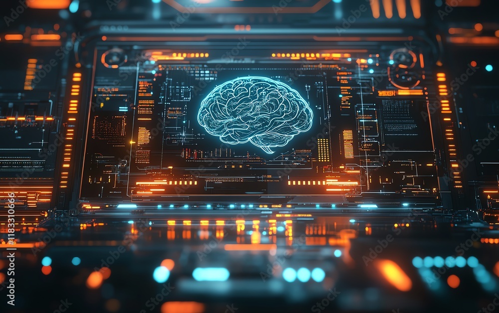 Poster robot interface with a vibrant artificial intelligence brain display, intricate circuits and glowing