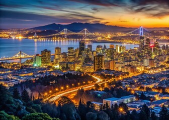 Fototapeta premium Oakland & San Francisco Bay Area Skyline Panorama at Night with Holiday Lights from Oakland Hills