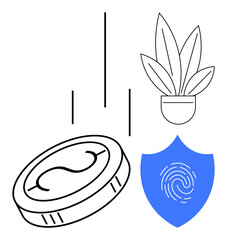 Coin falling, shield with fingerprint, potted plant with leaves. Ideal for finance, security, technology, investment, identity protection growth nature. Clean lines blue accents abstract line