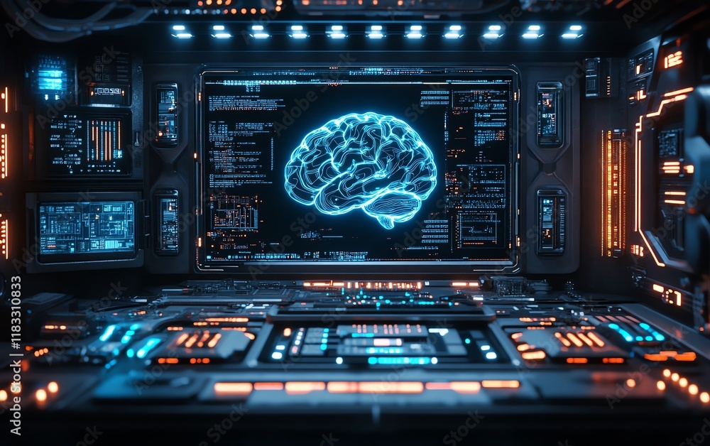 Poster robot interface with a vibrant artificial intelligence brain display, intricate circuits and glowing