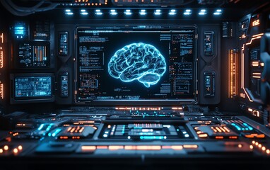Obraz premium Robot interface with a vibrant artificial intelligence brain display, intricate circuits and glowing neural connections, futuristic digital environment, cuttingedge technology