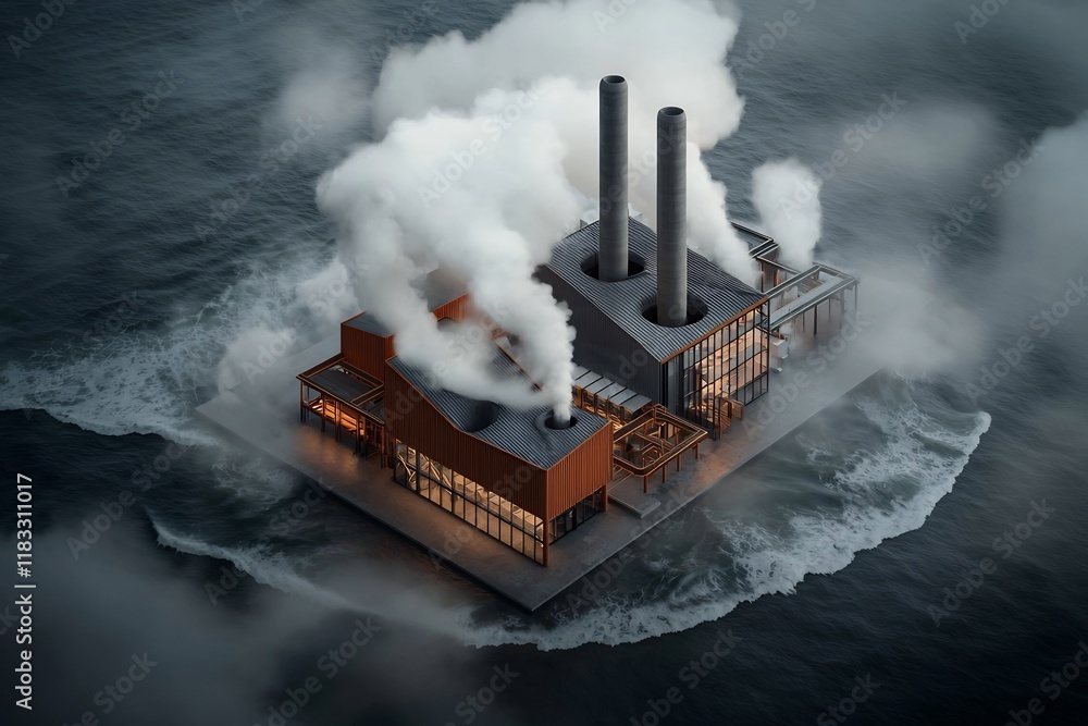 Poster aerial view of a striking angular and metallic offshore geothermal power plant with towering cooling