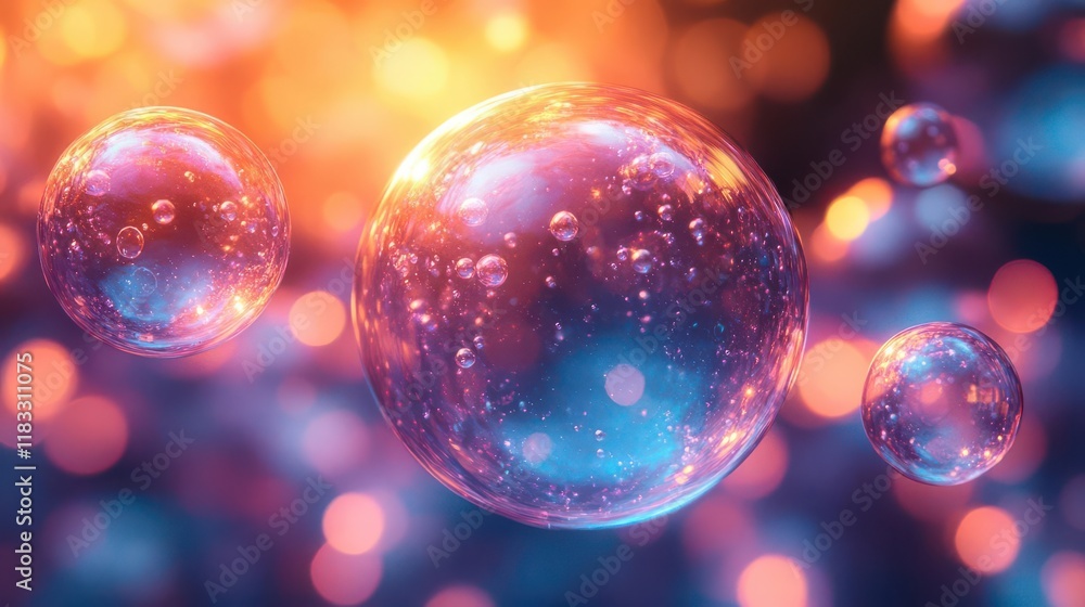 Poster colorful bubbles float amidst a vibrant, blurred background of warm and cool tones, creating a mesme