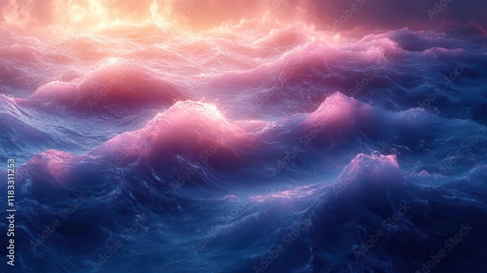 Poster a stunning view of vibrant, swirling ocean waves illuminated by a colorful sky, creating a serene ye