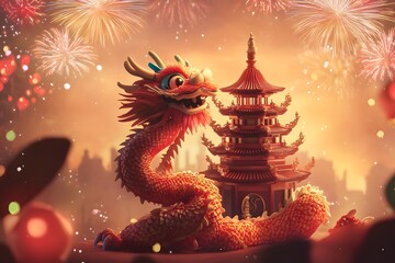 Fototapeta premium Whimsical Chinese Dragon Curling Around Pagoda with Fireworks