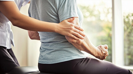 A Modern rehabilitation physiotherapy worker with senior client