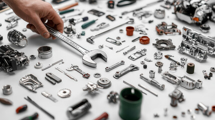 mechanic hand holds large wrench among various tools and parts, showcasing detailed arrangement of mechanical equipment