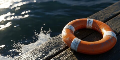 A bright orange life buoy rests on a wooden pier beside sparkling water, ready for safety in case of emergencies.