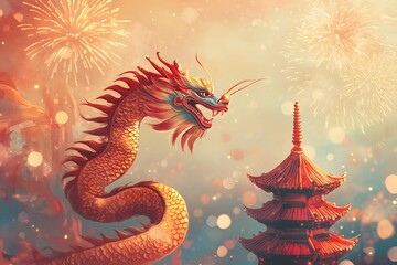 Fototapeta premium Whimsical Chinese Dragon Curled Around Pagoda with Bursting Fireworks